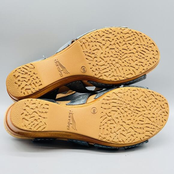 Dansko Shoes Womens 9.5 Blue Leather Sandals Trudy Wooden Wedge Ankle Strappy - Picture 8 of 11